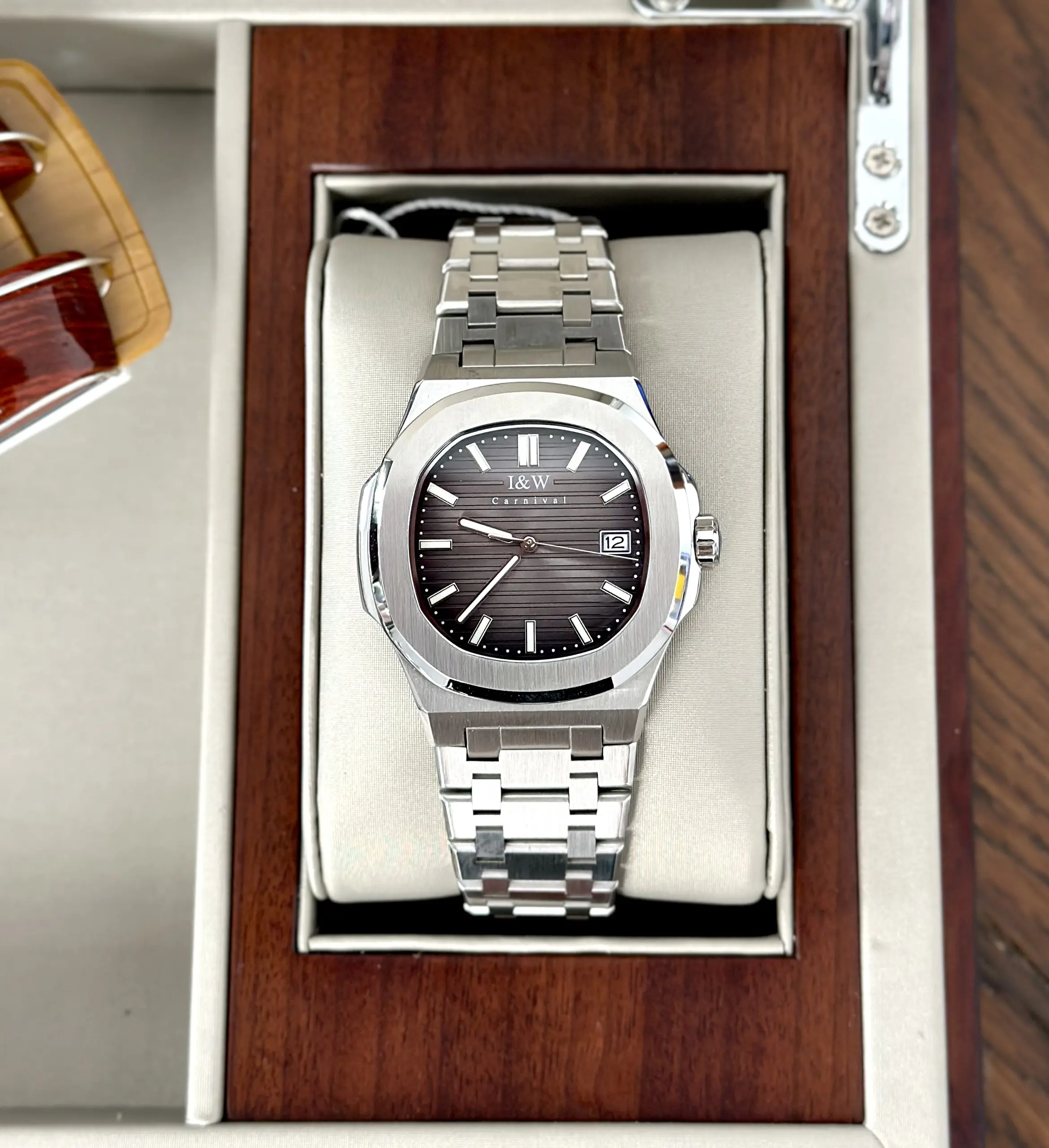 ĐỒNG HỒ NAM I&W Carnival 721G Gray - Viền Bạc Trơn - Dây Thép - Automatic - Kính Sapphire