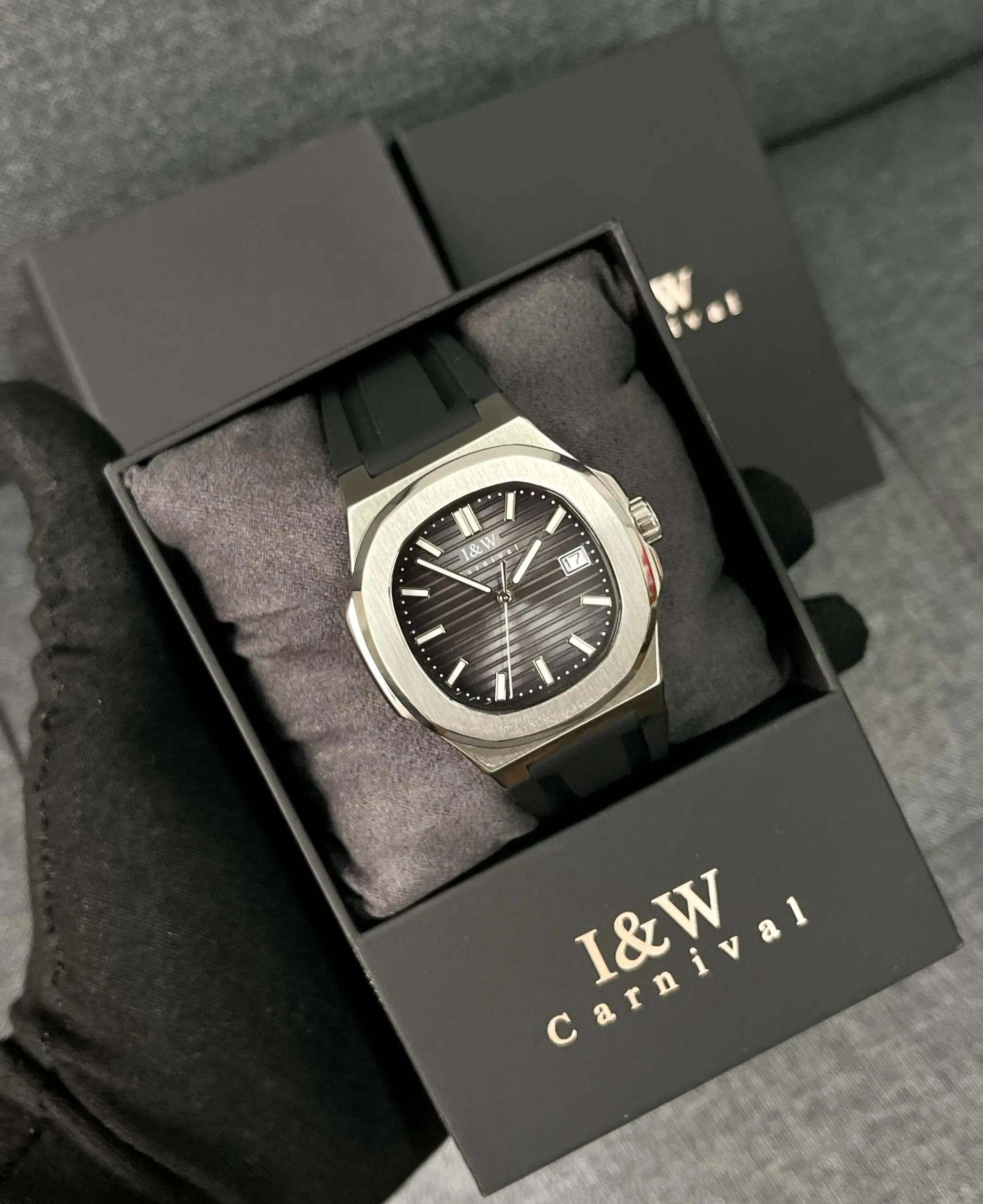 ĐỒNG HỒ NAM I&W Carnival 721G Gray - Viền Bạc Trơn - Dây Cao Su - Automatic - Kính Sapphire
