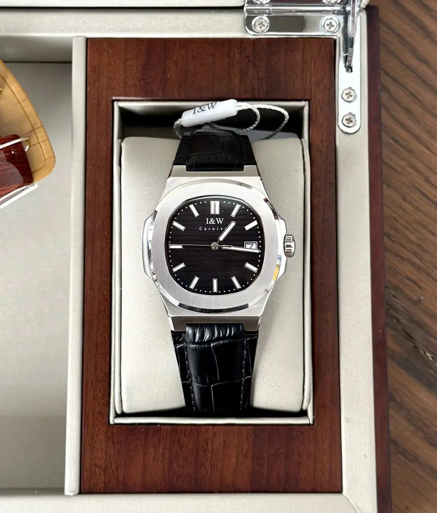 ĐỒNG HỒ NAM I&W Carnival 721G Black - Viền Bạc Trơn - Automatic - Dây Da - Kính Sapphire