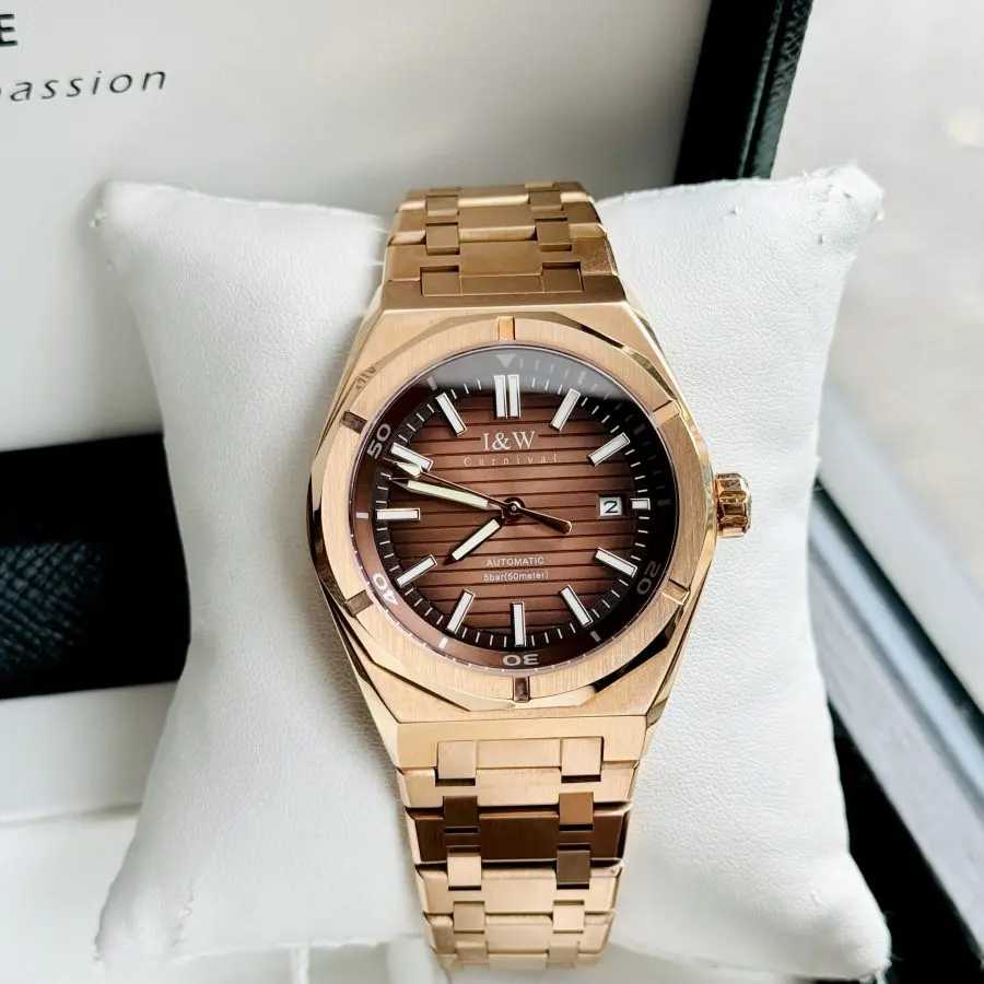 ĐỒNG HỒ NAM I&W Carnival 711G Mặt Nâu - Viền Vàng  Trơn - Dây Thép Gold - Automatic - Kính Sapphire