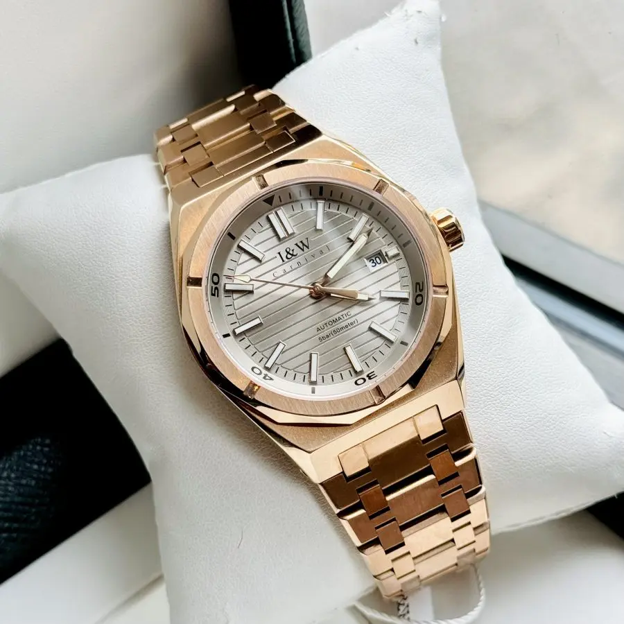 ĐỒNG HỒ NAM I&W Carnival 711G - Mặt Gray - Viền Vàng Trơn - Dây Thép Gold - Automatic - Kính Sapphire