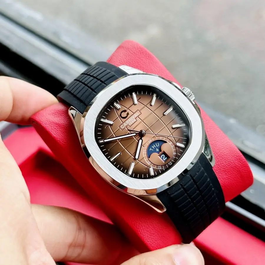 ĐỒNG HỒ NAM Carnival Aquanus 8113G - Mặt Gold - Viền Bạc - Dây Cao Su - Automatic - Kính Sapphire