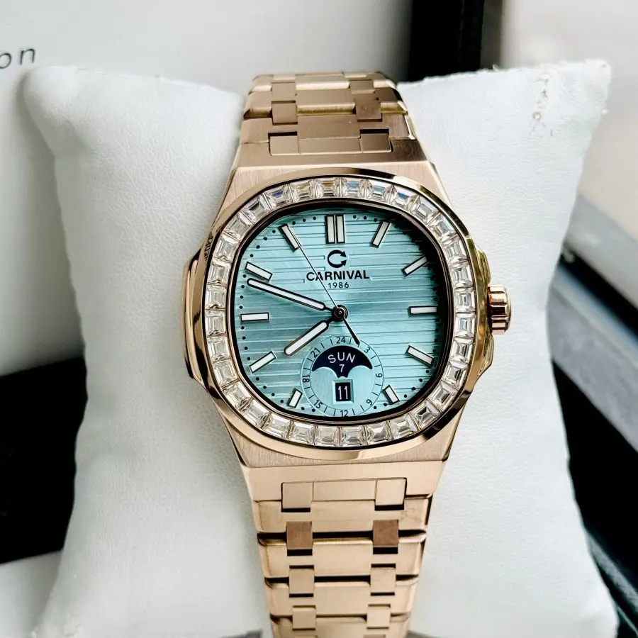 ĐỒNG HỒ NAM Carnival Aquanus 8110G - Mặt TIFFANY- Viền Vàng Đá - Dây Thép - Automatic - Kính Sapphire