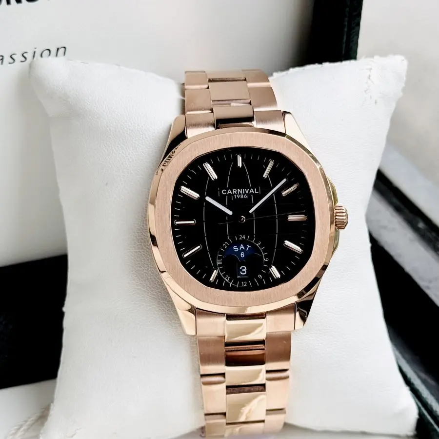 ĐỒNG HỒ NAM Carnival Aquanus 8113G - Mặt Đen - Viền Vàng - Dây Thép - Automatic - Kính Sapphire