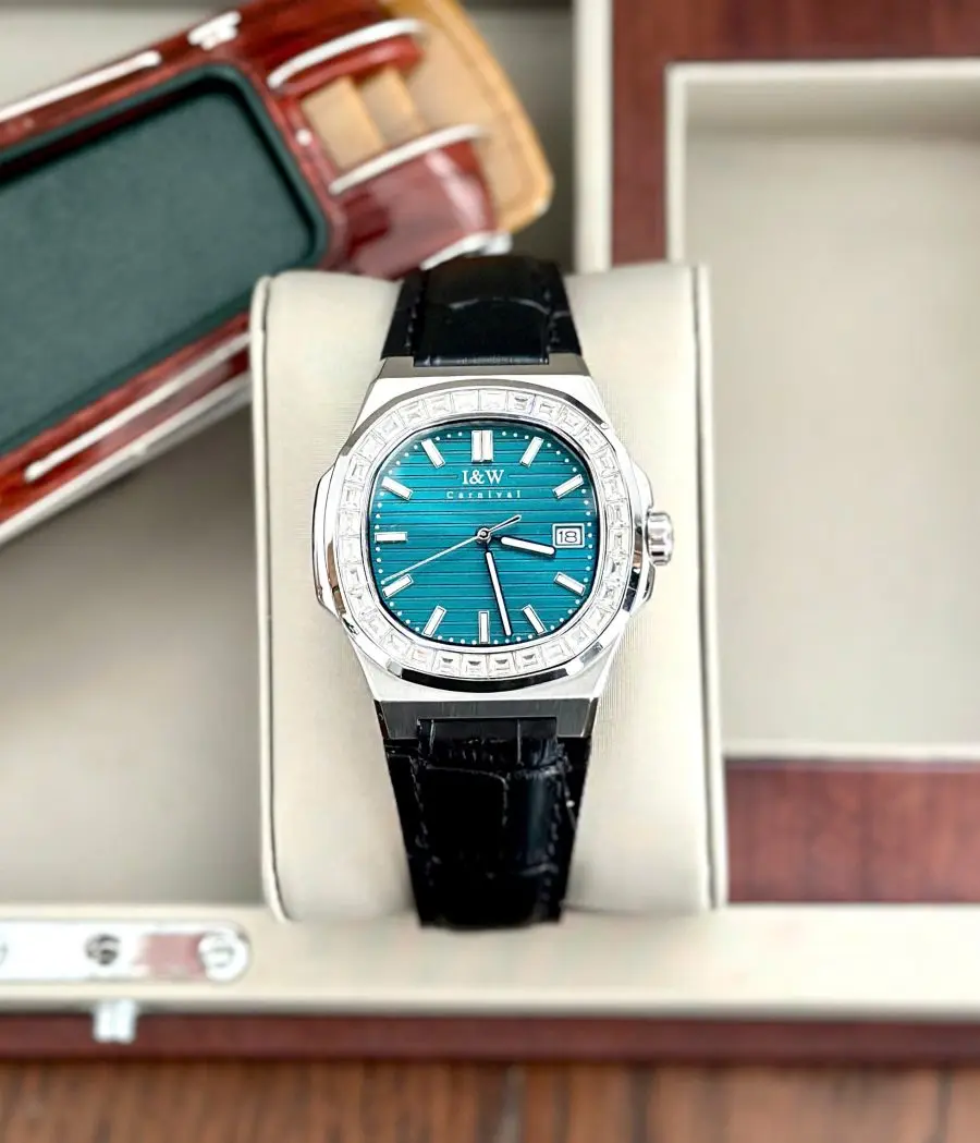 ĐỒNG HỒ NAM I&W Carnival 721G Green - Viền Bạc Đá - Dây Da - Automatic - Kính Sapphire