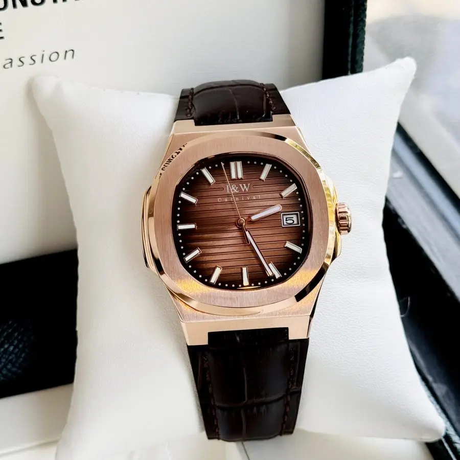 ĐỒNG HỒ NAM I&W Carnival 721G Gold - Viền Gold Trơn - Dây Da - Automatic - Kính Sapphire