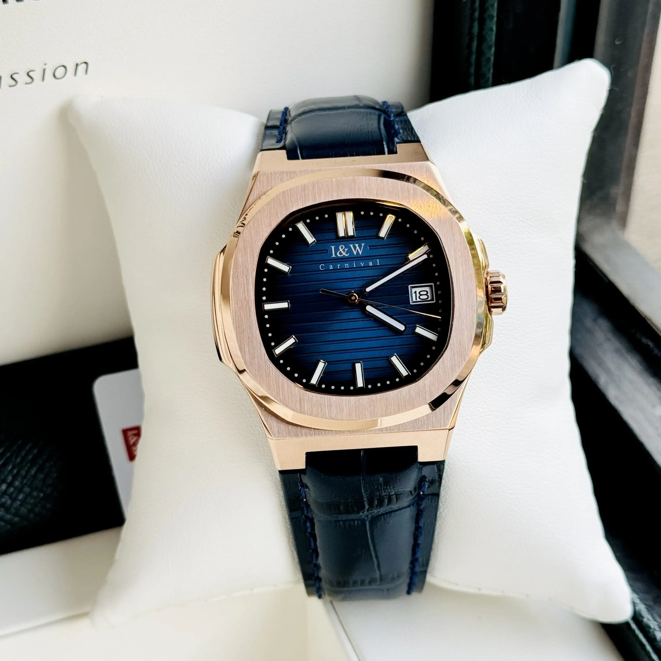 ĐỒNG HỒ NAM I&W Carnival 721G Blue - Viền Gold Trơn - Dây Da - Automatic - Kính Sapphire