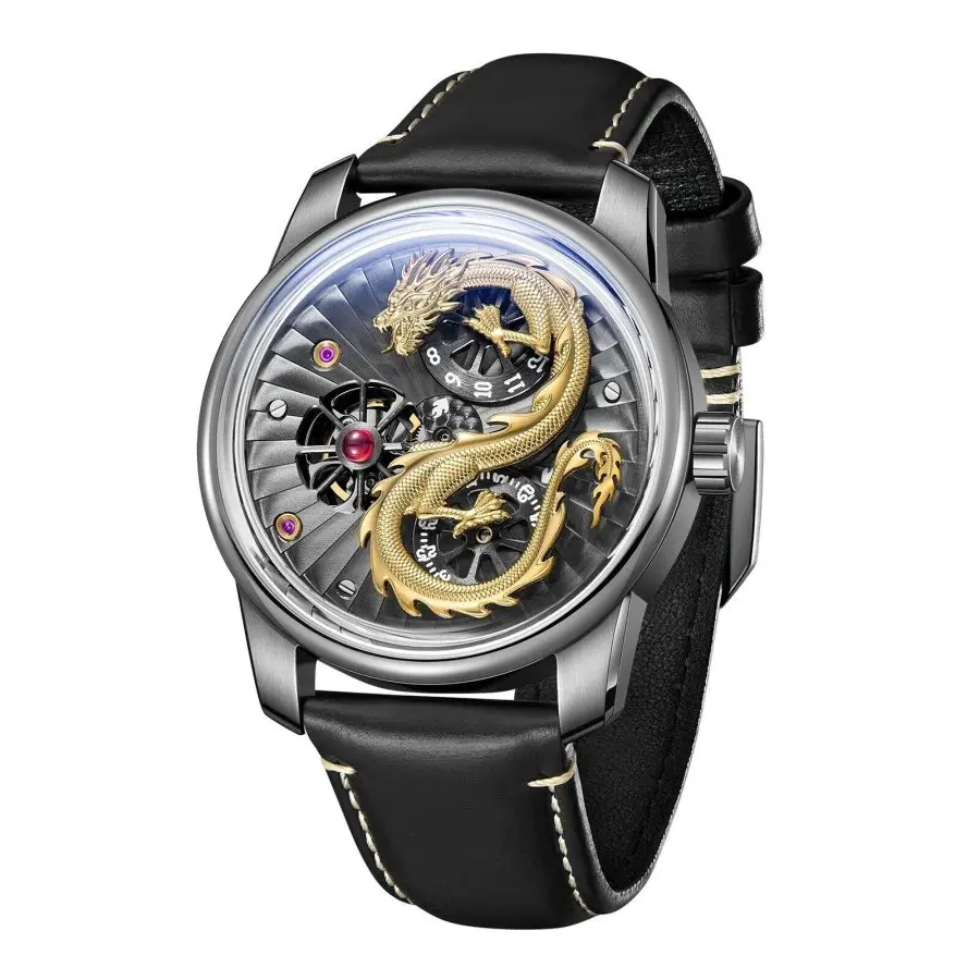 Đồng Hồ Nam OBLVLO Dragon Gold - Viền Bạc - 42mm - Automatic - Sapphire