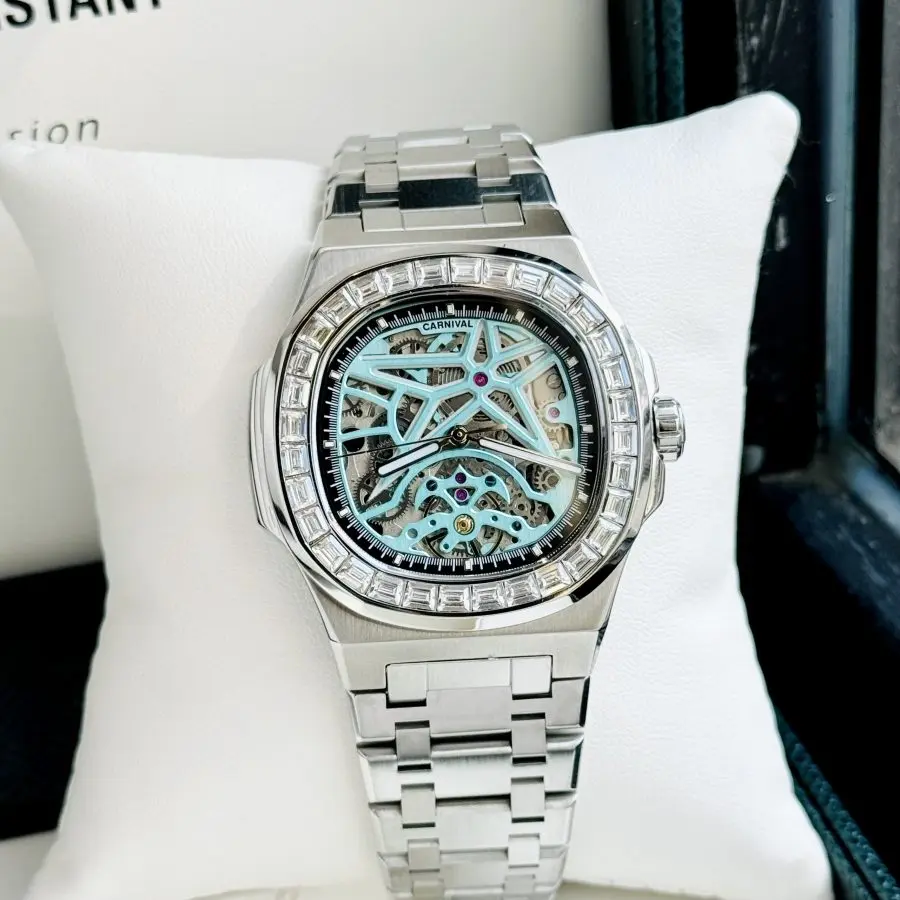 ĐỒNG HỒ NAM CARNIVAL NAUTILUS 8118G2 Màu Bạc Đá - Mặt xanh TIFFANY - Dây Thép - Automatic- Kính Sapphire