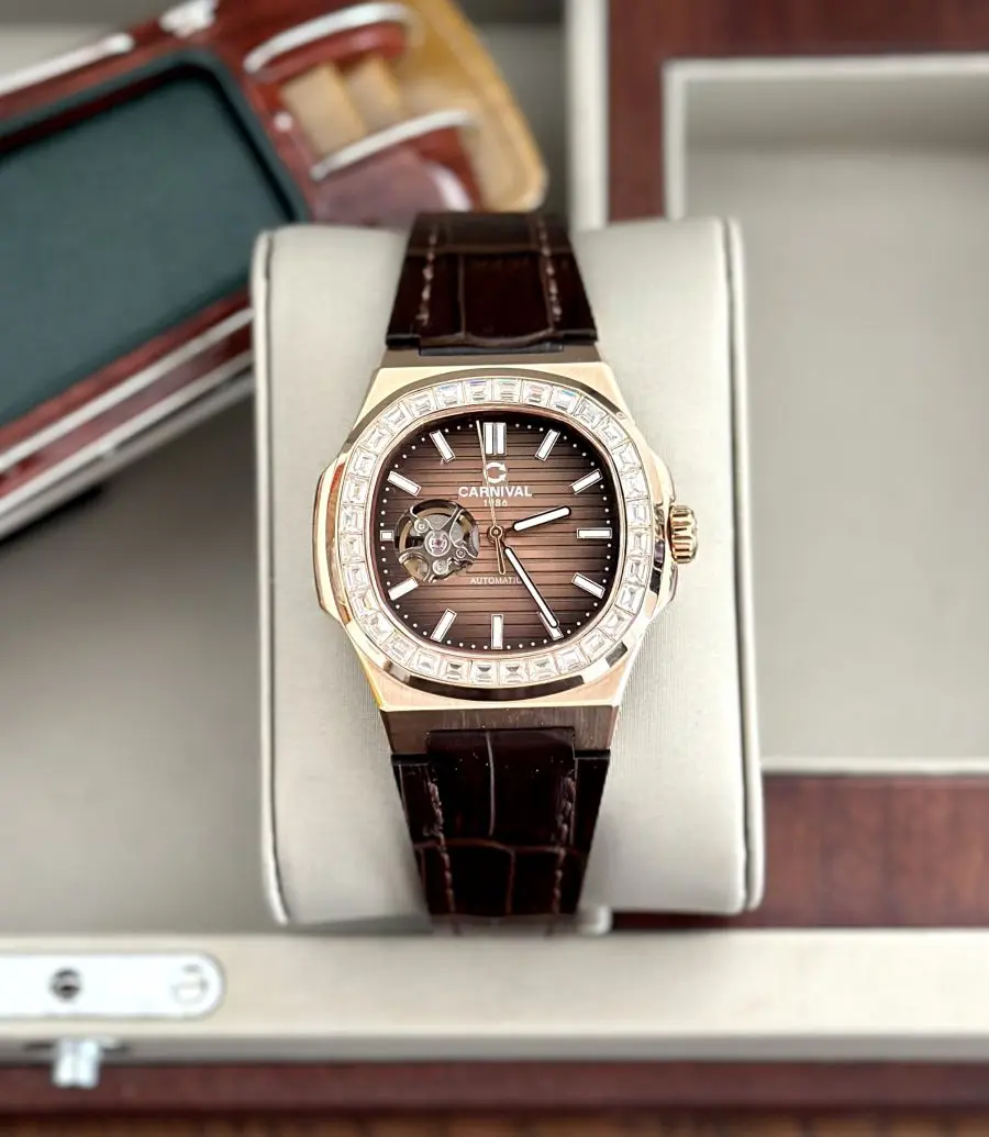 ĐỒNG HỒ NAM Carnival 8128G - Dây Da - Mặt Nâu Open Heart - Automatic - Kính Sapphire