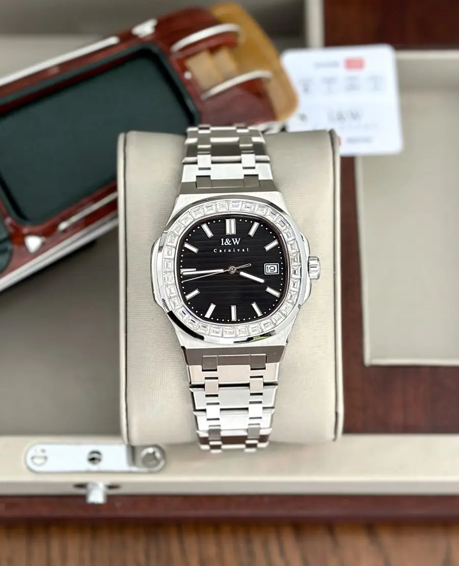 ĐỒNG HỒ NAM I&W Carnival 721G - Mặt Đen - Viền Đính Đá - Dây Thép - Automatic - Kính Sapphire
