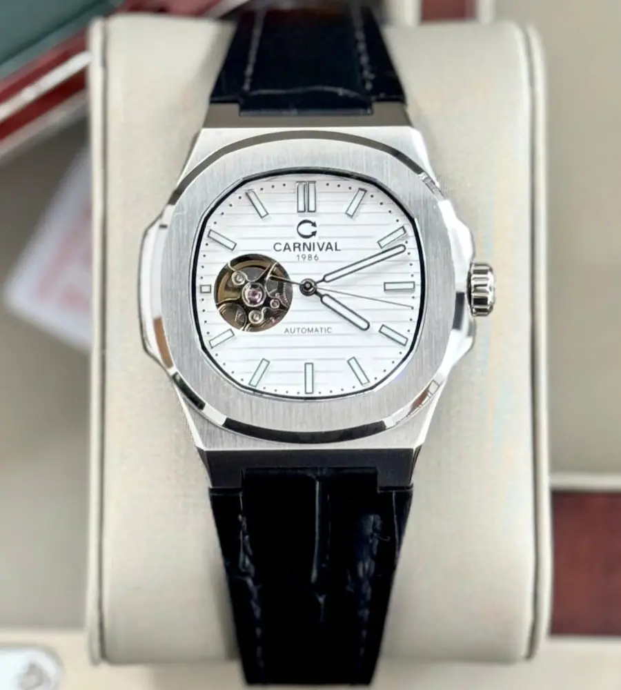 ĐỒNG HỒ NAM Carnival 8128G - Dây Da - Mặt Trắng Open Heart - Viền Trắng Trơn - Automatic - Kính Sapphire