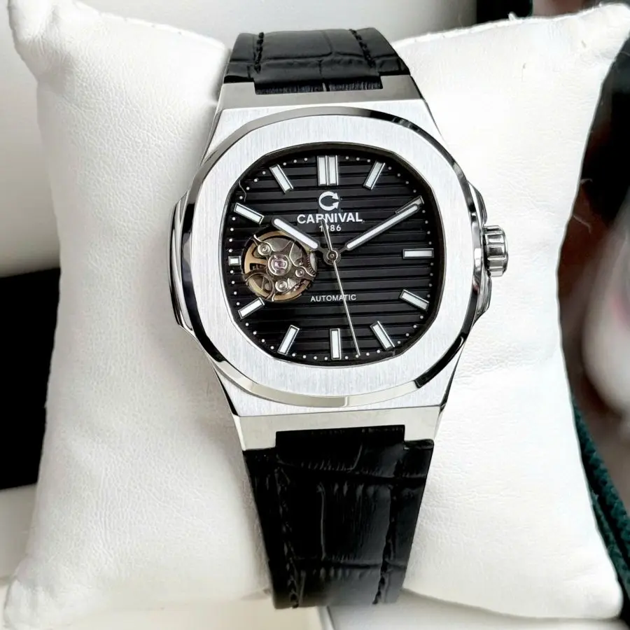 ĐỒNG HỒ NAM Carnival 8128G - Dây Da - Mặt Đen Open Heart - Viền Trắng Trơn - Automatic - Kính Sapphire