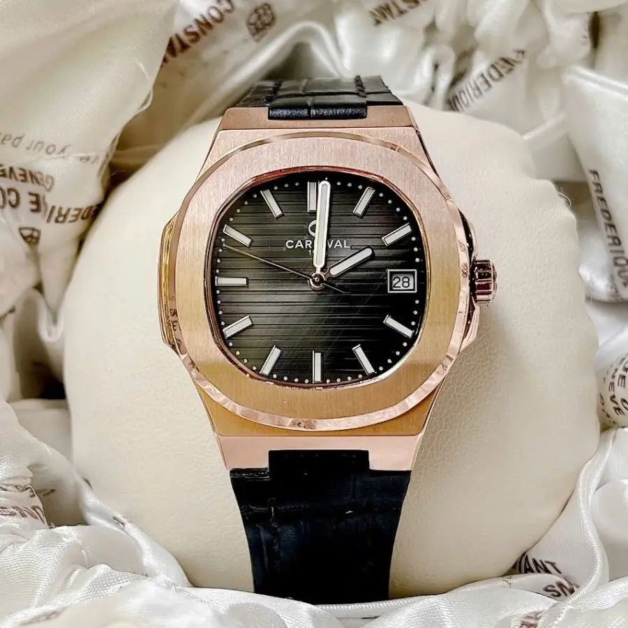 ĐỒNG HỒ Nữ Carnival 8161L- Mặt Đen -Dây Da Viền Vàng - Pin - Kính Sapphire