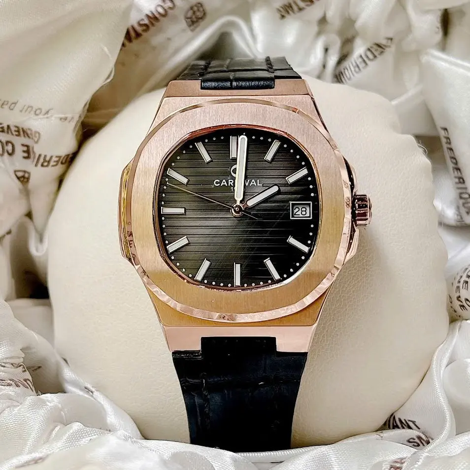 ĐỒNG HỒ Nữ Carnival 8161L- Mặt Đen -Dây Da Viền Vàng - Pin - Kính Sapphire