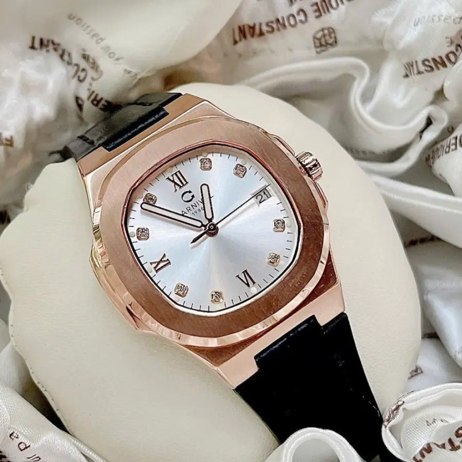ĐỒNG HỒ Nữ 8160L-VH-DD-T- Mặt Trắng-Dây Da Viền Vàng - Pin - Kính Sapphire
