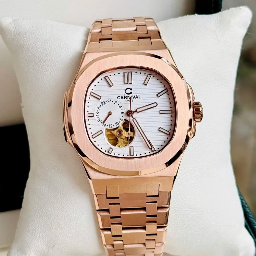 ĐỒNG HỒ NAM Carnival 8159G - Dây Thép Vàng - Trắng Open Heart - Automatic - Kính Sapphire