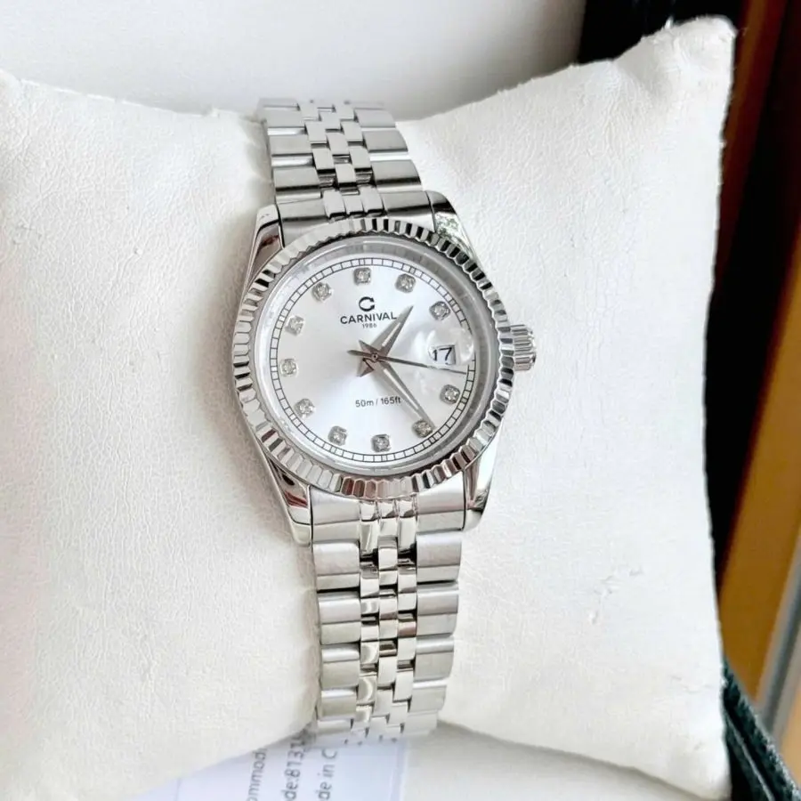 ĐỒNG HỒ Nữ Carnival 8131L-VT-T-Mặt Bạc - Dây Thép Bạc - Pin - Kính Sapphire