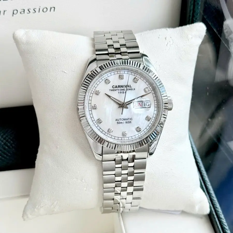 Đồng Hồ Nam Carnival 8131G  Dây Thép Bạc - Mặt Xà Cừ Bạc - Automatic - Kính Sapphire