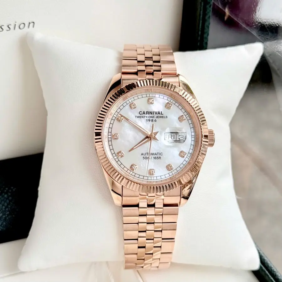 Đồng Hồ Nam Carnival 8131G  Dây Thép Rose Gold - Mặt Xà Cừ Bạc - Automatic - Kính Sapphire