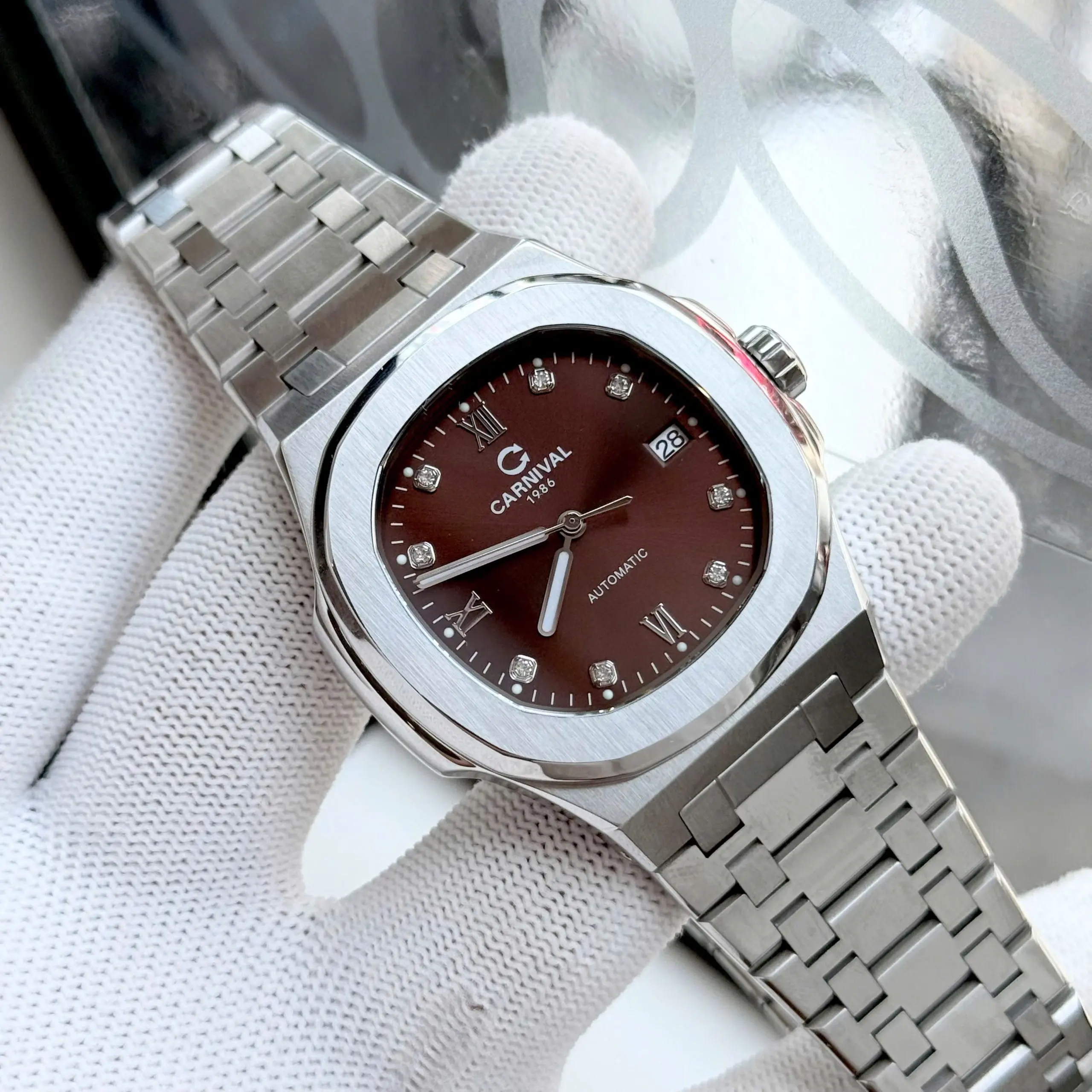 Đồng Hồ Nam Carnival 8160G - Dây Thép Bạc - Mặt Nâu Cafe - Automatic - Kính Sapphire