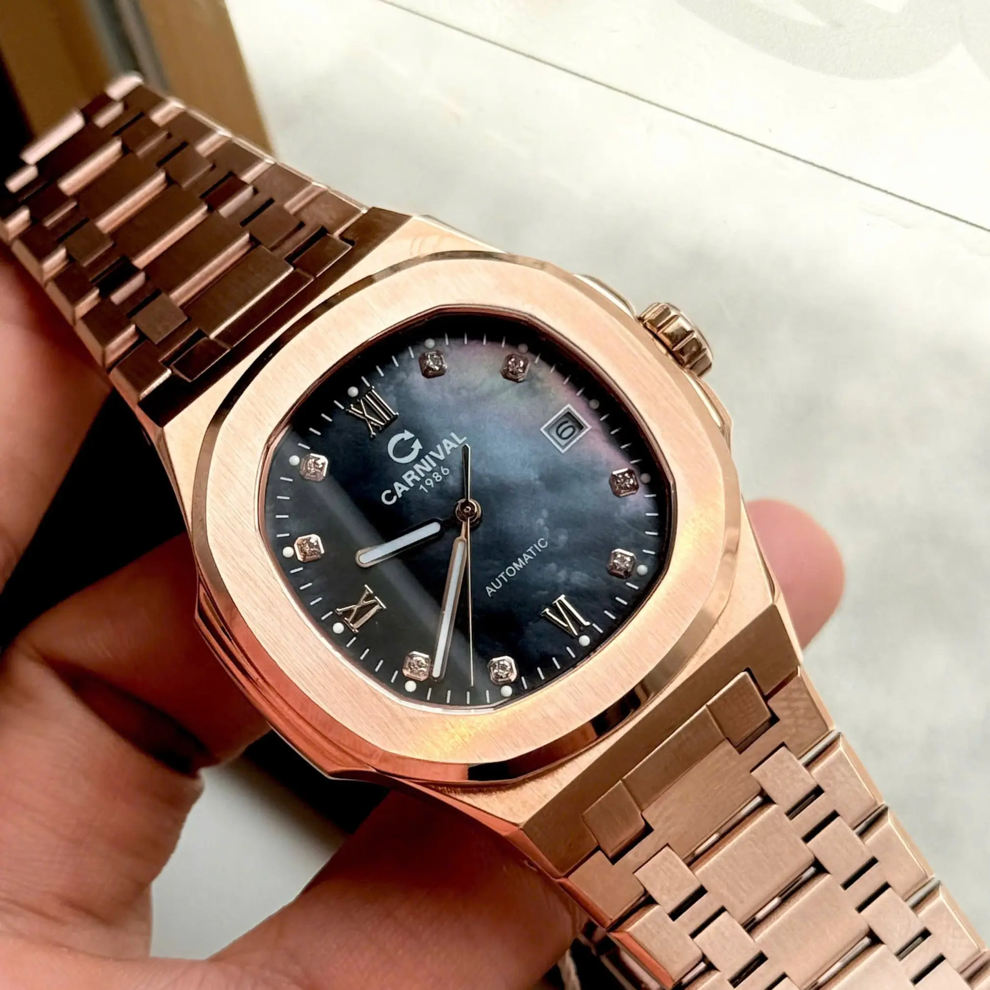 Đồng Hồ Nam Carnival 8160G Dây Thép Rose Gold - Mặt Xà Cừ Tím - Automatic - Kính Sapphire