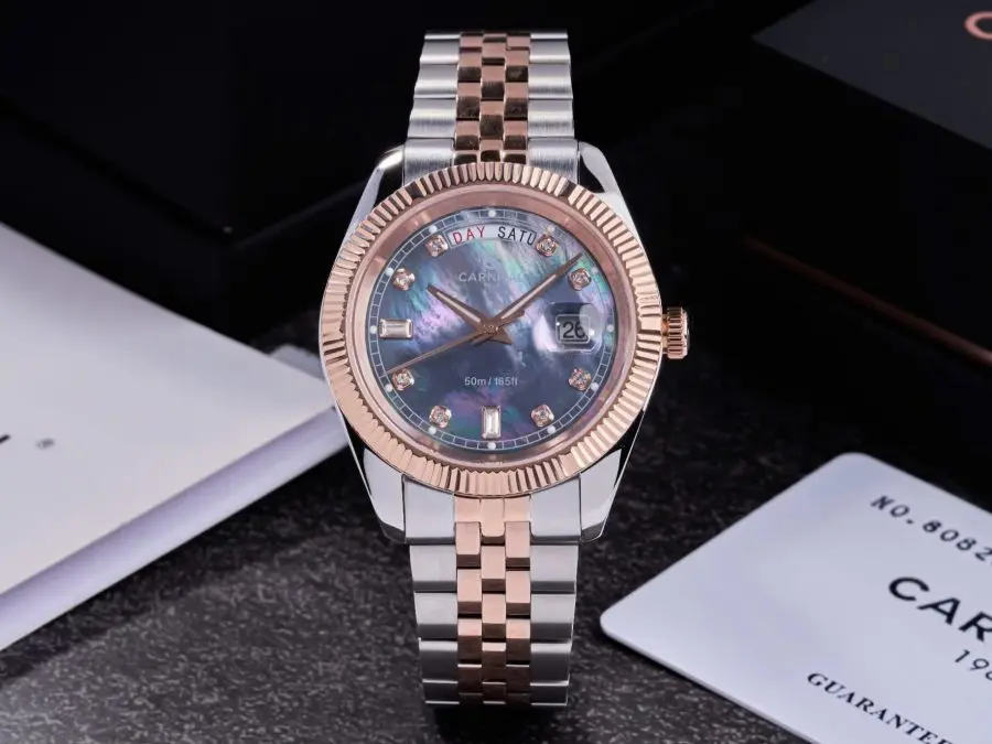 Đồng Hồ Nam Carnival 8190G-CH-DK DAYDATE-Thép Demi-Mặt Xà Cừ Tím-Pin-Kính Sapphire