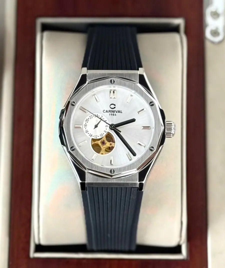 Đồng Hồ Nam Carnival 8189G-VT-DCS-T- Mặt Trắng-Dây Cao Su-Automatic-Kính Sapphire