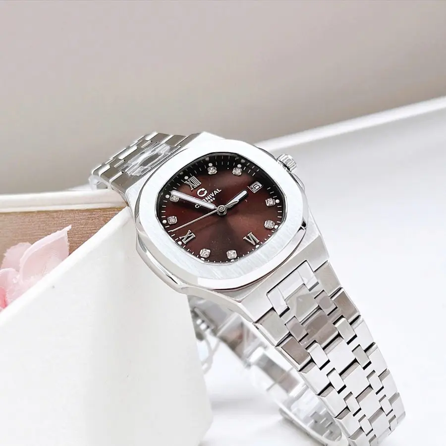 ĐỒNG HỒ Nữ Carnival 8160L-VT-Nâu Mặt Nâu Đậm-Dây Thép-Pin-Kính Sapphire