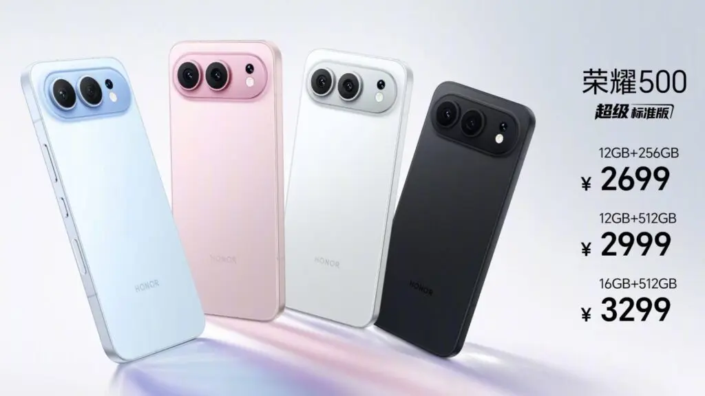 Mặt lưng 4 tùy chọn màu xanh hồng trắng đen của điện thoại Honor 500 cùng bảng giá các phiên bản bộ nhớ