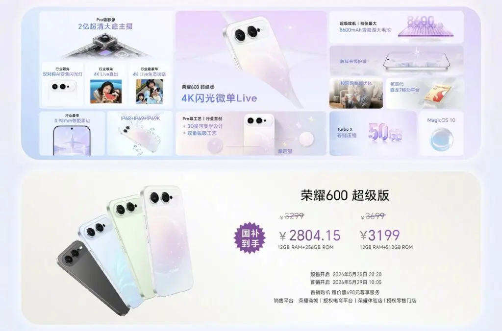 Poster giới thiệu điện thoại Honor 600 với 4 màu sắc và bảng tổng hợp các tính năng nổi bật