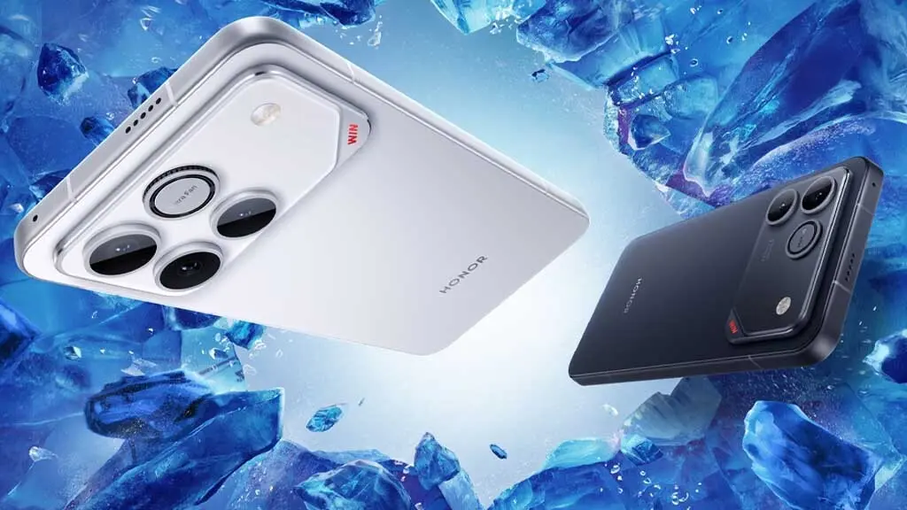 Mặt lưng điện thoại Honor Win 2 5G hai màu trắng và đen nghiêng góc với cụm camera nổi bật trên nền đá băng