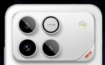 Cận cảnh cụm camera sau màu trắng điện thoại Honor Win 2 5G gồm 3 ống kính, ô chữ Ultra Fan và logo WIN màu đỏ