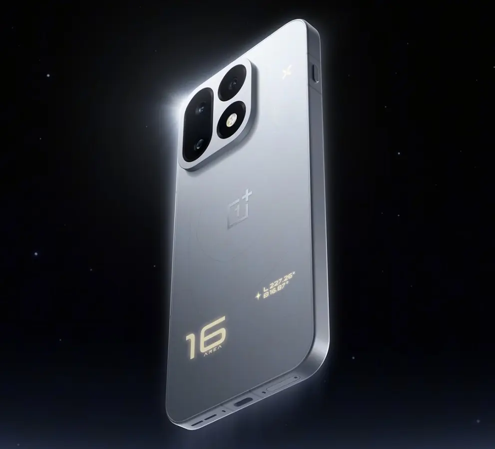 Mặt lưng màu xám bạc của điện thoại OnePlus 16 5G với cụm camera nhô cao và dòng chữ 16 AREA
