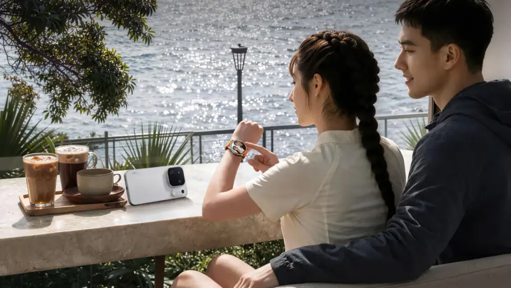 Điện thoại OPPO Find X10 E màu trắng đặt trên bàn đá bên bờ biển cùng ly cà phê và cặp đôi đang xem đồng hồ