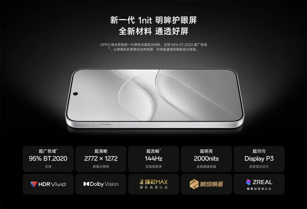 Màn hình điện thoại OPPO nằm ngang hiển thị các thông số kỹ thuật 144Hz, độ phân giải 2772x1272 và độ sáng 2000nits