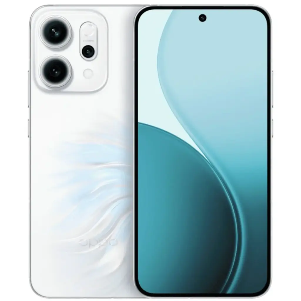 Mặt trước và mặt sau điện thoại OPPO Reno14 màu trắng họa tiết lông vũ với cụm camera nổi và màn hình nốt ruồi