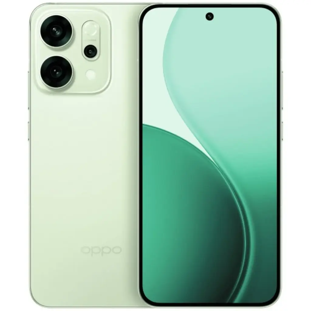Mặt trước và mặt sau điện thoại OPPO Reno14 5G màu xanh lá nhạt với cụm camera sau và màn hình đục lỗ