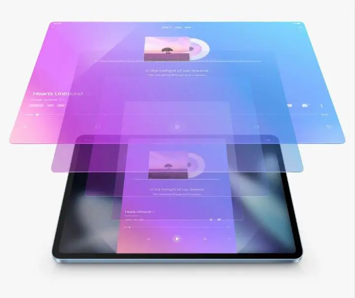 Màn hình máy tính bảng Vivo Pad 2 với các lớp giao diện nghe nhạc màu tím hồng nổi bật