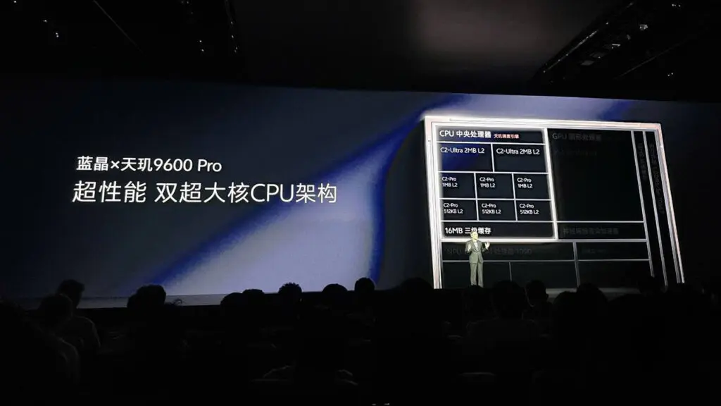 Sân khấu sự kiện trình chiếu sơ đồ kiến trúc vi xử lý Dimensity 9600 Pro trang bị trên Vivo X500 Pro 5G