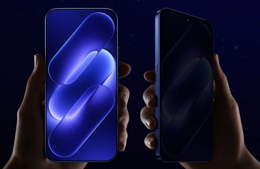 Hai bàn tay cầm hai chiếc điện thoại Xiaomi 18 Pro 5G hiển thị màn hình màu xanh dương phát sáng