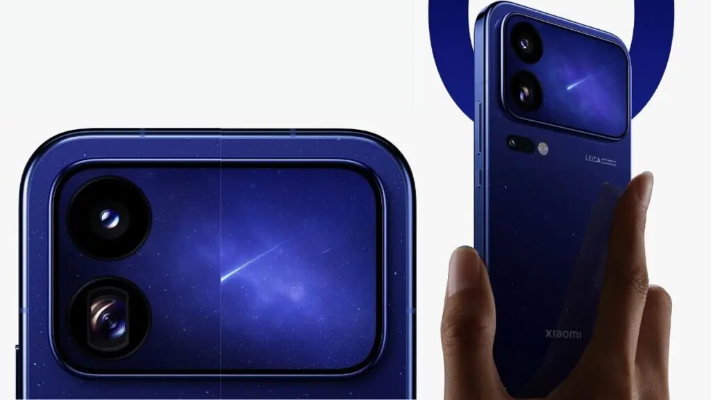 Mặt lưng điện thoại Xiaomi 18 Pro 5G màu xanh tinh tú với cụm camera Leica và màn hình phụ họa tiết vệt sao rơi trên tay