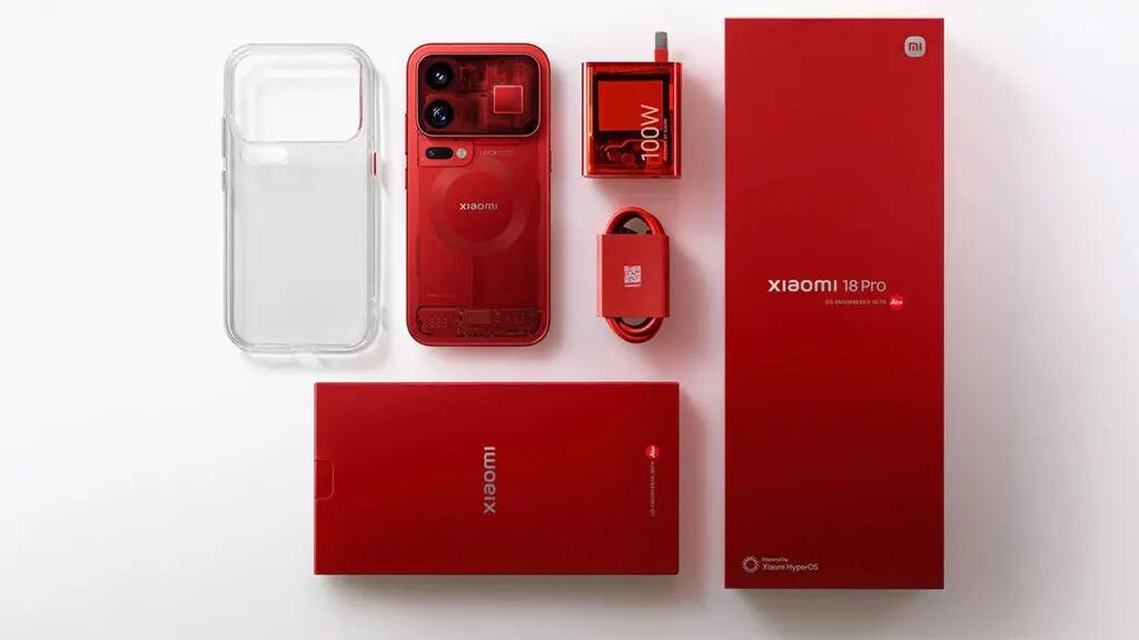 Trọn bộ Xiaomi 18 Pro màu đỏ gồm điện thoại mặt lưng trong suốt, ốp lưng, củ sạc 100W, dây cáp và hộp đựng