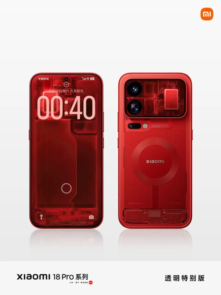 Mặt trước và mặt lưng điện thoại Xiaomi 18 Pro phiên bản màu đỏ vỏ trong suốt lộ linh kiện độc đáo