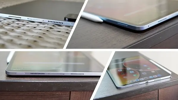 Cận cảnh các góc cạnh viền kim loại, hệ thống loa và bút cảm ứng của máy tính bảng Xiaomi Pad